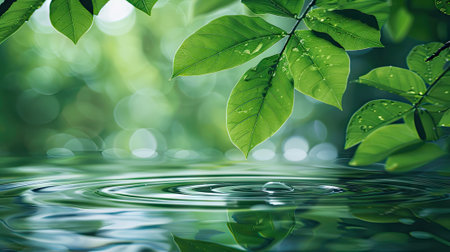 Captivating green leaves floating on a serene water surface, creating a beautiful ripple background.の素材
