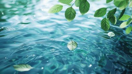Captivating green leaves floating on a serene water surface, creating a beautiful ripple background.の素材