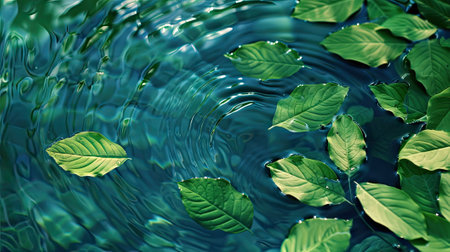 Captivating green leaves floating on a serene water surface, creating a beautiful ripple background.の素材