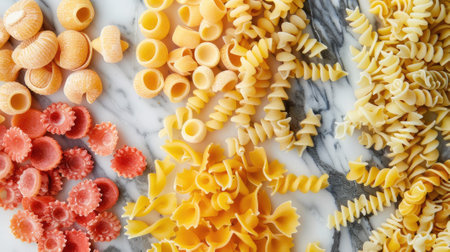 Top view of a beautiful variety of macaroni arranged on a stylish marble background, creating a gourmet composition.の素材