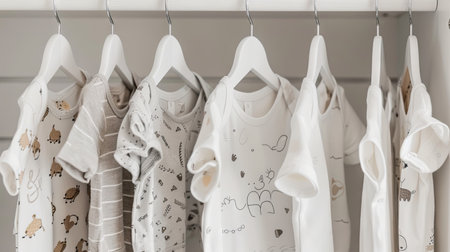 Newborn girl and boy baby bodysuits neatly hanging on white hangers in a clean wardrobeの素材