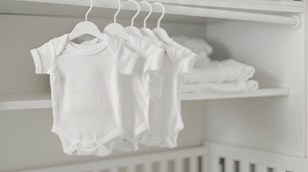 Newborn girl and boy baby bodysuits neatly hanging on white hangers in a clean wardrobeの素材