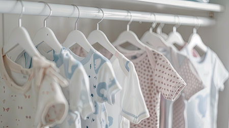 Newborn girl and boy baby bodysuits neatly hanging on white hangers in a clean wardrobeの素材