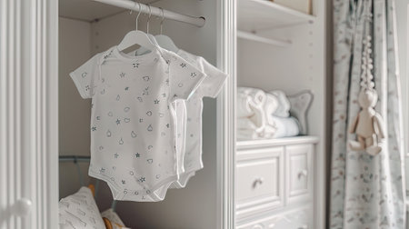Newborn girl and boy baby bodysuits neatly hanging on white hangers in a clean wardrobeの素材