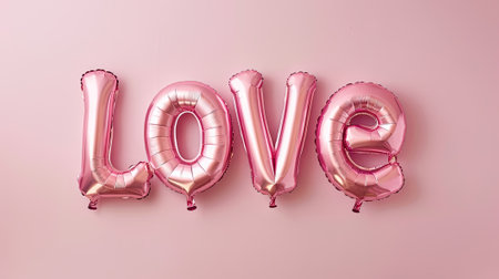 Pale pink foil balloons spell out the word 'Love' on a pastel background, creating a romantic atmosphere for Valentine's Day or a wedding celebration.の素材