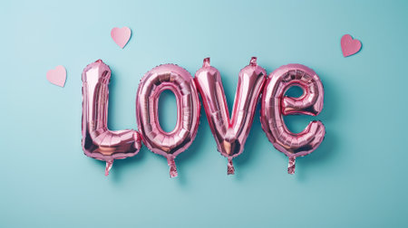 Pale pink foil balloons spell out the word 'Love' on a pastel background, creating a romantic atmosphere for Valentine's Day or a wedding celebration.の素材