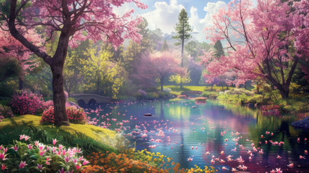 essence of wonderful springtime with images of vibrant blossoms, blooming gardens, and colorful outdoor scenes.の素材