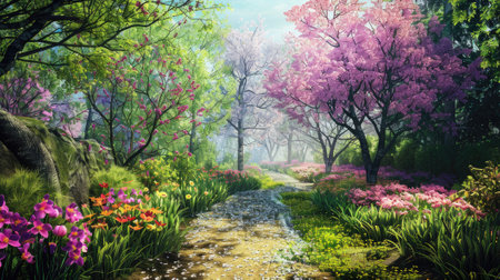 essence of wonderful springtime with images of vibrant blossoms, blooming gardens, and colorful outdoor scenes.の素材