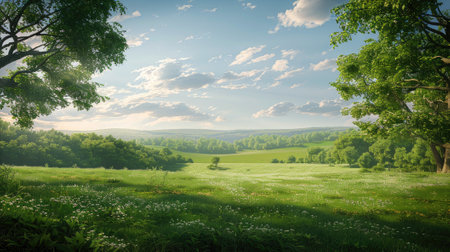 vast fields, towering trees, and a clear blue sky.の素材