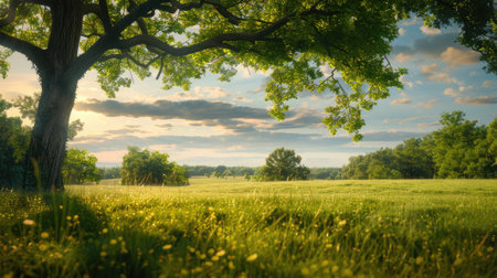 vast fields, towering trees, and a clear blue sky.の素材