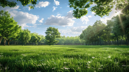 vast fields, towering trees, and a clear blue sky.の素材