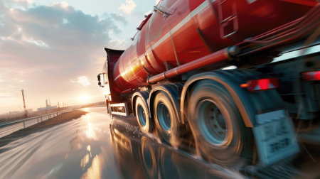a dynamic side view of a big fuel gas tanker truck on the highway.の素材