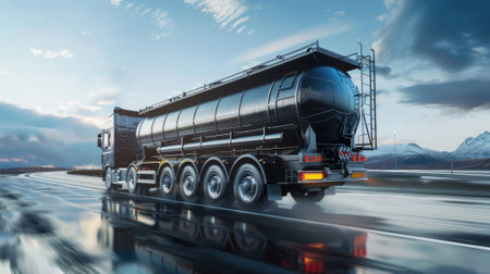 a dynamic side view of a big fuel gas tanker truck on the highway.の素材