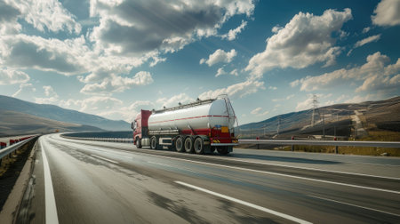 a dynamic side view of a big fuel gas tanker truck on the highway.の素材