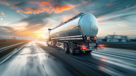 a dynamic side view of a big fuel gas tanker truck on the highway.の素材