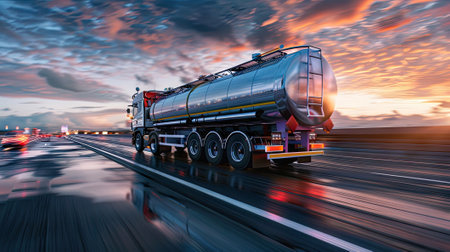 a dynamic side view of a big fuel gas tanker truck on the highway.の素材