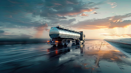 a dynamic side view of a big fuel gas tanker truck on the highway.の素材
