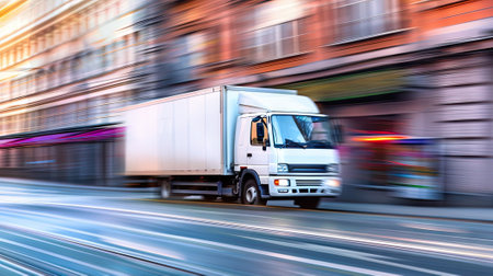 white truck in dynamic side view, conveying swift transportation on the highwayの素材