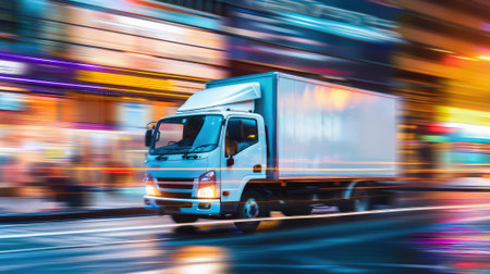 white truck in dynamic side view, conveying swift transportation on the highwayの素材