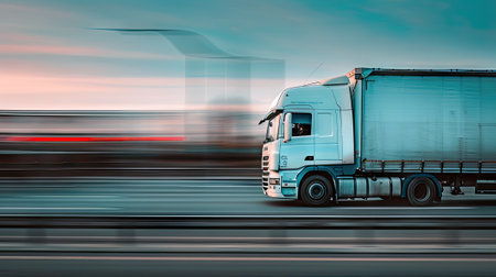 white truck in dynamic side view, conveying swift transportation on the highwayの素材