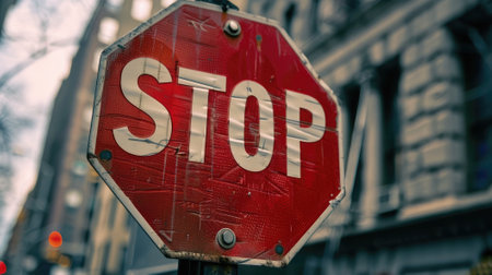 a striking shot of a red stop sign, symbolizing road safety and halting traffic. Ideal for projects emphasizing traffic control and road rulesの素材