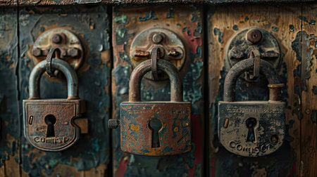vintage padlocks, locked and unlocked, against a clean white background. Perfect for designs emphasizing the nostalgia and security of aged craftsmanshipの素材