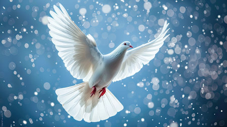Graceful symbol of peace: A majestic white dove soars in the celestial sky, embodied freedom and tranquility. Perfect for conveying messages of hope and spiritual connectionの素材