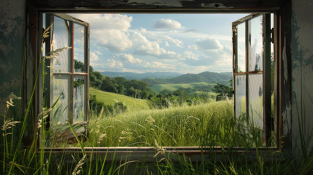Mountains Beyond the Window" - stunning landscape through a window,の素材