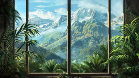Mountains Beyond the Window" - stunning landscape through a window,の素材