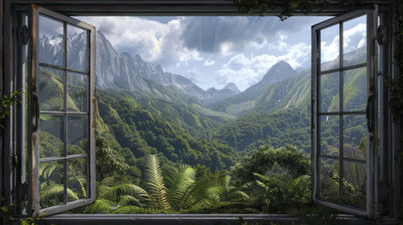 Mountains Beyond the Window" - stunning landscape through a window,の素材