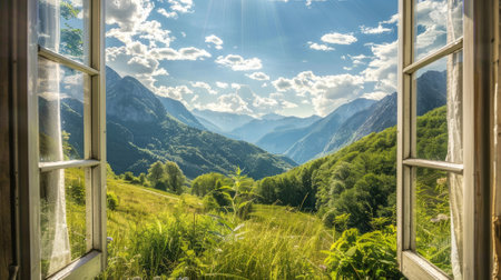 Mountains Beyond the Window" - stunning landscape through a window,の素材