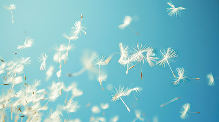 dynamic shot of dandelion seeds blowing in the wind against a vivid blue sky, conveying a sense of freedom and the whimsical beauty of nature.の素材