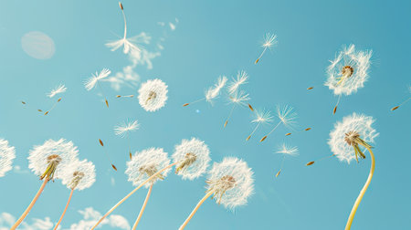 dynamic shot of dandelion seeds blowing in the wind against a vivid blue sky, conveying a sense of freedom and the whimsical beauty of nature.の素材