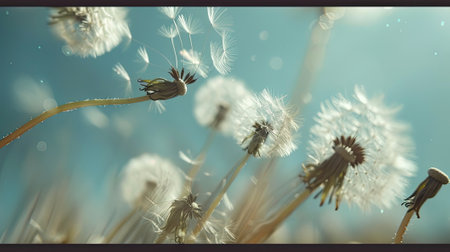 dynamic shot of dandelion seeds blowing in the wind against a vivid blue sky, conveying a sense of freedom and the whimsical beauty of nature.の素材