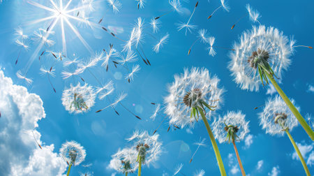 dynamic shot of dandelion seeds blowing in the wind against a vivid blue sky, conveying a sense of freedom and the whimsical beauty of nature.の素材