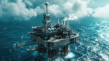 an offshore wellhead platform with an emphasis on the connection to power generation and the petrochemical industry, highlighting the role it plays in supplying energy and essential materials.の素材