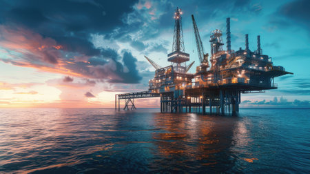an offshore wellhead platform with an emphasis on the connection to power generation and the petrochemical industry, highlighting the role it plays in supplying energy and essential materials.の素材