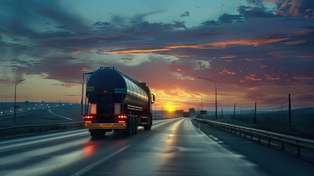 petrol cargo truck on a highway during a sunny summer evening, highlighting the warm tones and emphasizing the concept of fuel delivery and transportation logistics.の素材