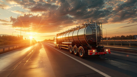petrol cargo truck on a highway during a sunny summer evening, highlighting the warm tones and emphasizing the concept of fuel delivery and transportation logistics.の素材