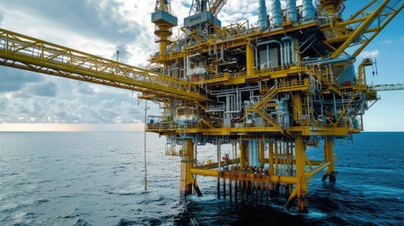 an offshore wellhead platform with an emphasis on the connection to power generation and the petrochemical industry, highlighting the role it plays in supplying energy and essential materials.の素材