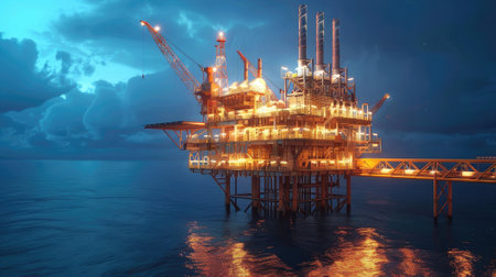 an offshore wellhead platform with an emphasis on the connection to power generation and the petrochemical industry, highlighting the role it plays in supplying energy and essential materials.の素材