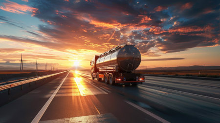 petrol cargo truck on a highway during a sunny summer evening, highlighting the warm tones and emphasizing the concept of fuel delivery and transportation logistics.の素材
