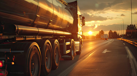 petrol cargo truck on a highway during a sunny summer evening, highlighting the warm tones and emphasizing the concept of fuel delivery and transportation logistics.の素材