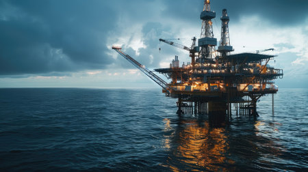 an offshore wellhead platform with an emphasis on the connection to power generation and the petrochemical industry, highlighting the role it plays in supplying energy and essential materials.の素材