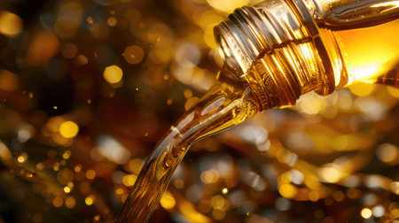 close-up shot of motorcycle motor oil flowing smoothly from the neck of the bottle, showing the designed precision and quality of the liquid for engine care.の素材