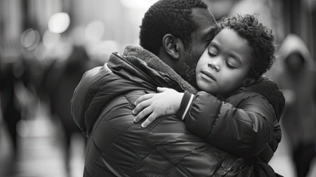 A different view, capturing the emotional moment of a father embracing his child on the street, reflecting the strength of family unity.の素材