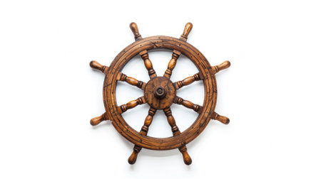 Vintage wooden ship steering wheel rudder isolated on a white background, capturing the classic maritime charm and seafaring legacy. #VintageShipWheel"の素材