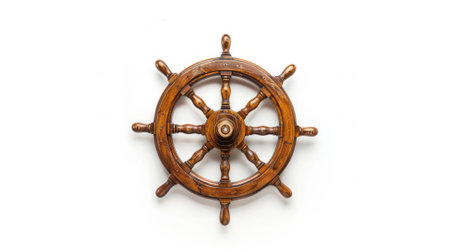 Vintage wooden ship steering wheel rudder isolated on a white background, capturing the classic maritime charm and seafaring legacy. #VintageShipWheel"の素材