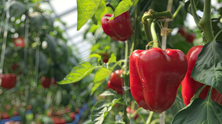 Two ripe red bell peppers in the greenhouse, showing the vibrant and healthy harvest of organic farming.の素材