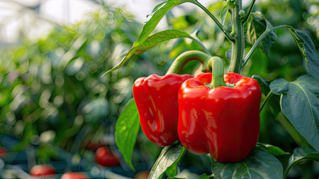 Two ripe red bell peppers in the greenhouse, showing the vibrant and healthy harvest of organic farming.の素材